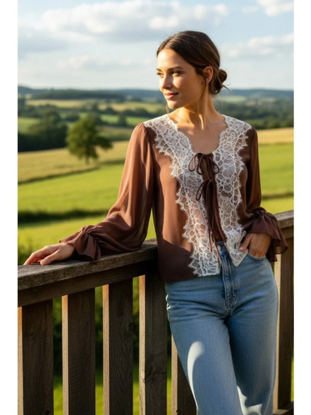 Front Bow Tie Retro Sheer Lace Trim Poet Bell Long Sleeve Romantic Boho Blouse